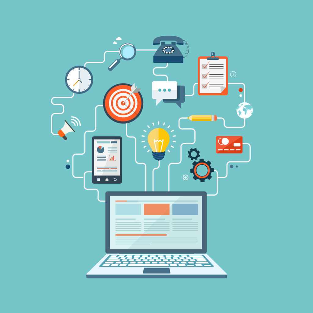 SEO technology flat illustration with laptop and icons. eps10